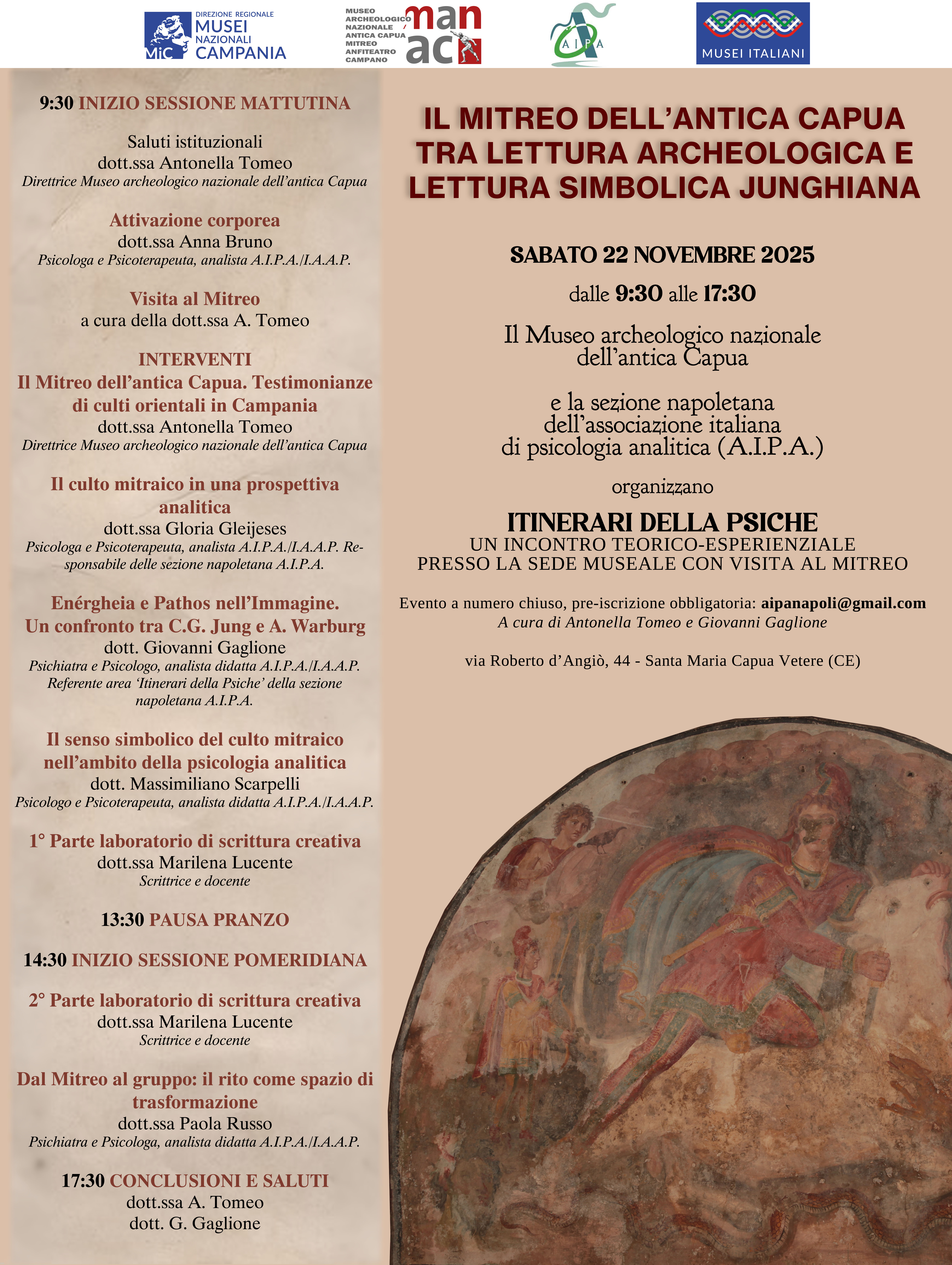 Sabato 22 novembre "Il Mitreo dell’antica Capua tra lettura archeologica e lettura simbolica junghiana. Itinerari della psiche": convegno al Museo di Santa Maria C.V. e visita al tempio di Mitra